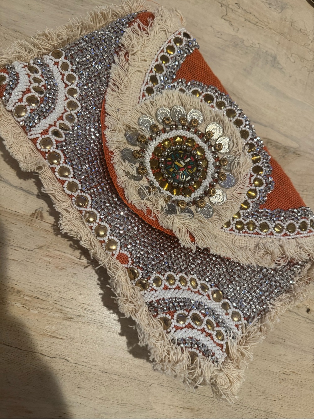 Handcrafted Orange Beaded Clutch with Fringe and Embellishment